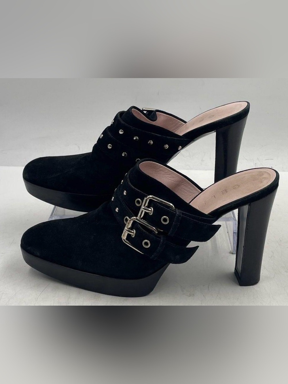 Celine Black Suede Studded Buckle Mule Heels – Size 39 | Authentic + COA
